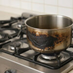 가스레인지 위에 심하게 눌어붙은 탄 냄비 청소 전 사진. 주부 9단도 모르는 베이킹소다 식초 활용 탄 냄비 닦는 법 초간단 노하우.