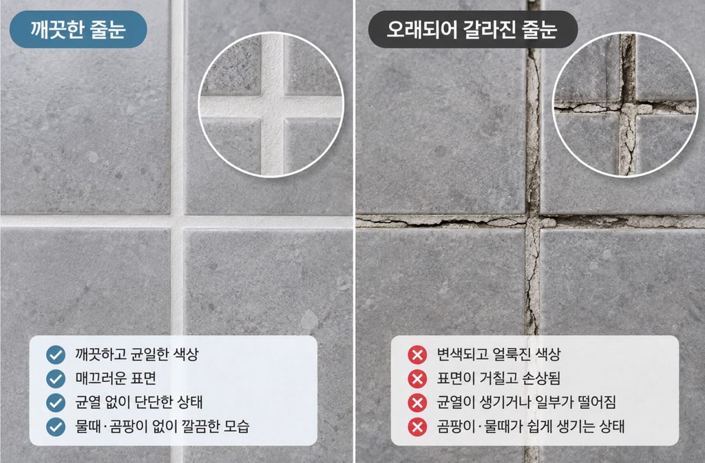 깨끗한 줄눈과 오래되어 갈라진 줄눈을 비교한 이미지