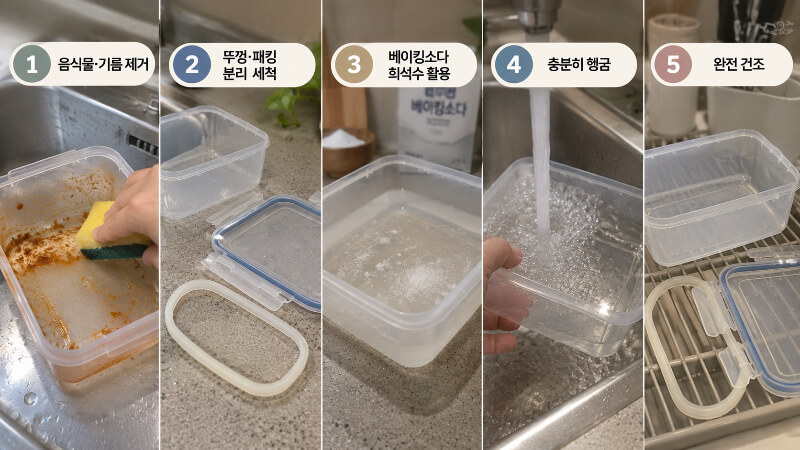 반찬통 냄새 제거 세척 과정을 5단계로 정리한 인포그래픽