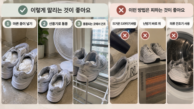 운동화를 선풍기로 말리는 방법과 고온 건조 방법 비교