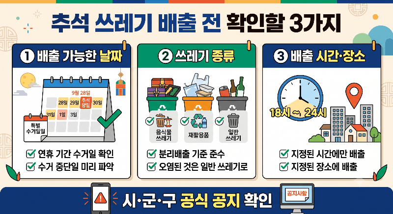 추석 연휴 쓰레기 배출 전 날짜 종류 시간을 확인하는 체크리스트
