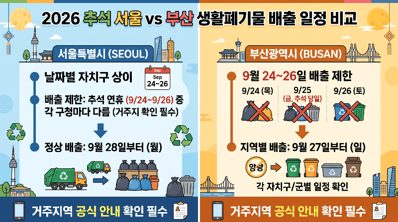 2026 추석 쓰레기 수거일 서울과 부산 생활폐기물 배출 일정 비교